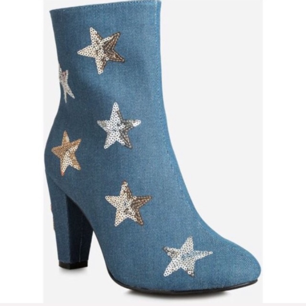 Denim wide width silver & gold star booties - Picture 2 of 5
